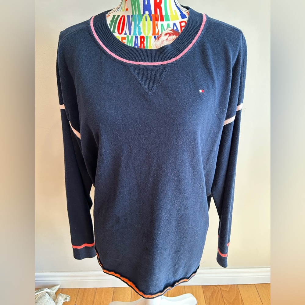Tommy Hilfiger Dark Blue Sweater with Pink Trim - Picture 1 of 7